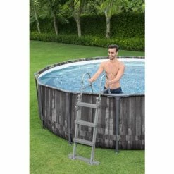 Bestway Piscine Hors Sol Ronde Steel Pro Max™ Effet Bois 427 X 107 Cm -Bleu Piscine 5614z piscine hors sol ronde steel pro maxtm effet bois 427 x 107 cm echelle