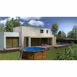 GRE Piscine Ronde Acier Gré Sicilia Imitation Bois - Ø 3,50 X 1,20 M -Bleu Piscine kitpr453w piscine ronde acier gre sicilia imitation bois 460 120 ambiance 1