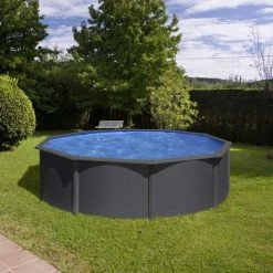 GRE Piscine Ronde Acier Gré Gris Anthracite - Ø 3,50 X 1,20 M -Bleu Piscine kitpr458gy piscine ronde acier gre gris anthracit 132 460cm ambiance 2 2