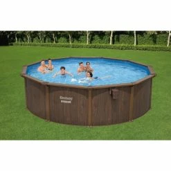Piscine En Acier Bestway Hydrium Effet Bois Ø 4,90 X H 1,30 M -Bleu Piscine piscine hors sol acier ronde 488 x 130 m hydrium 1